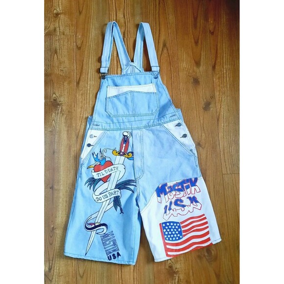 Mastik Pants - Vintage 90s Mastik Painted Denim Overalls Shorts Shortalls Women Size M USA
